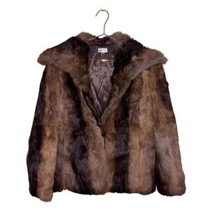 Vintage Rabbit Fur Coat Striped Brown Jacket Small Made in Hong Kong